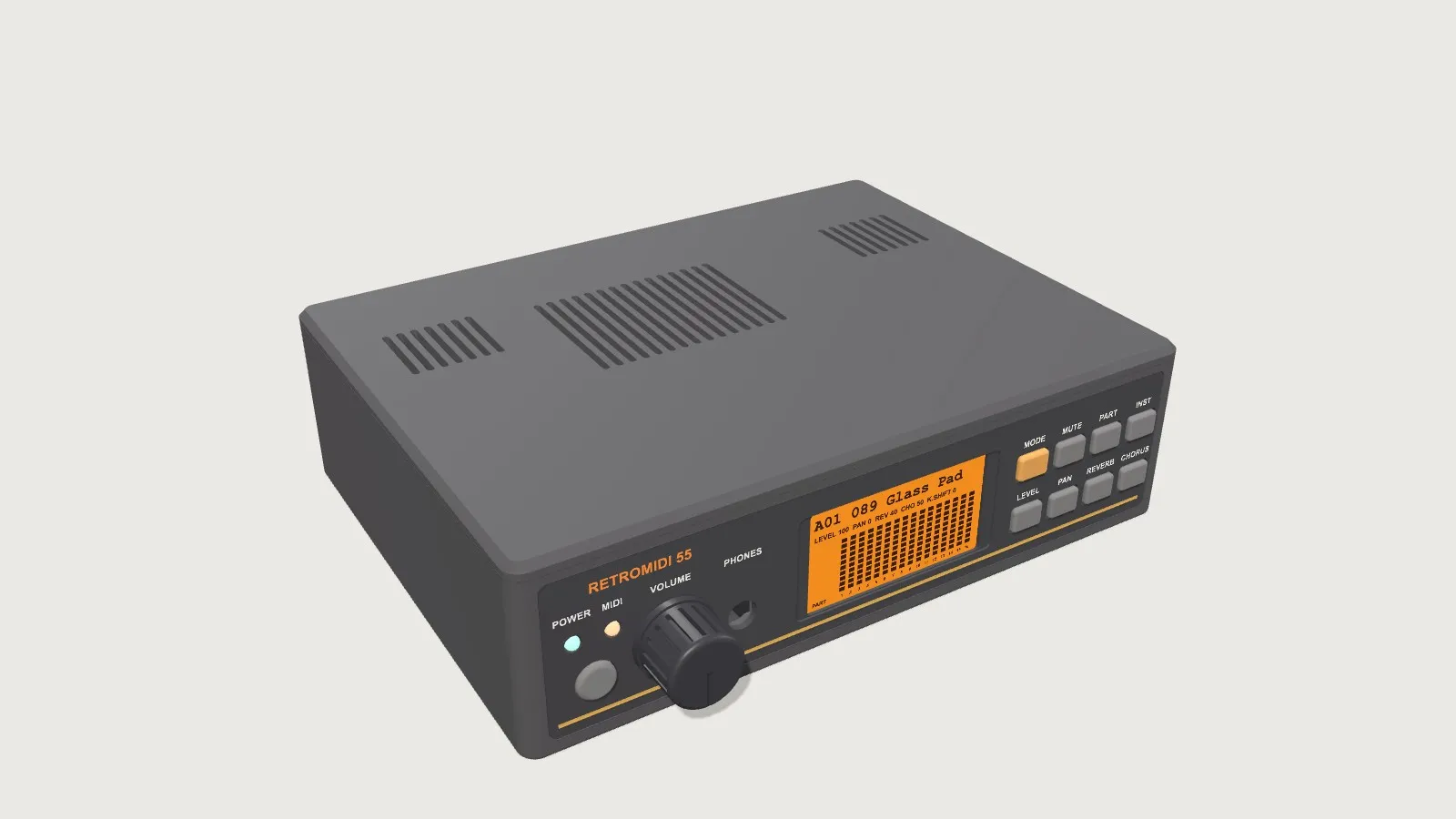 RetroMIDI 55 v0.4 enclosure, three-quarter view
