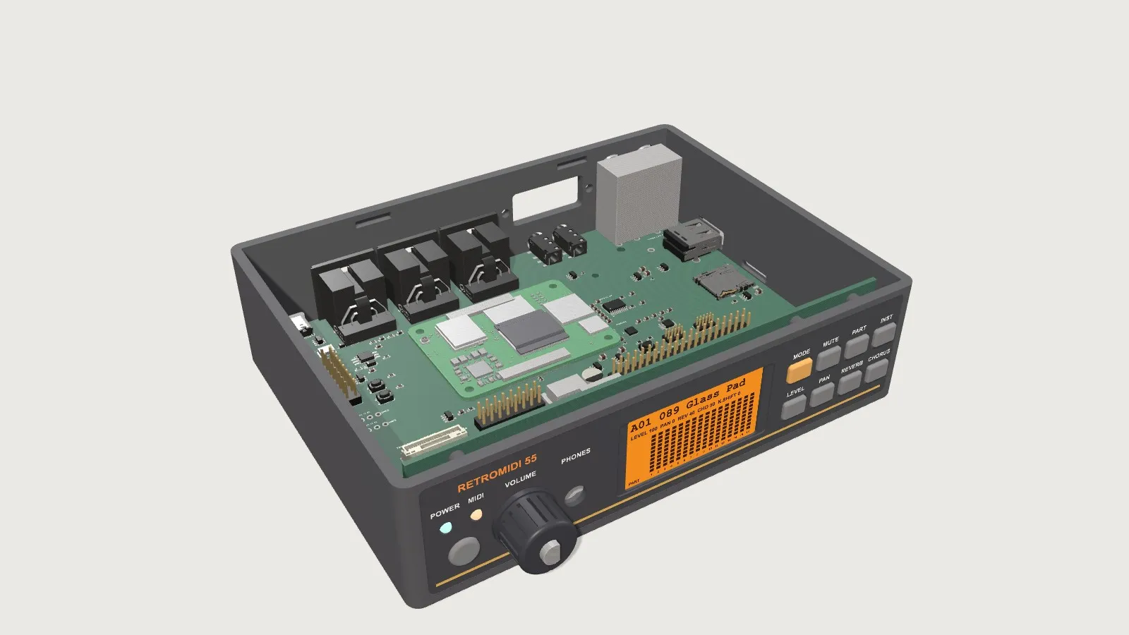 RetroMIDI 55 with the lid removed showing the CM5 carrier and front panel