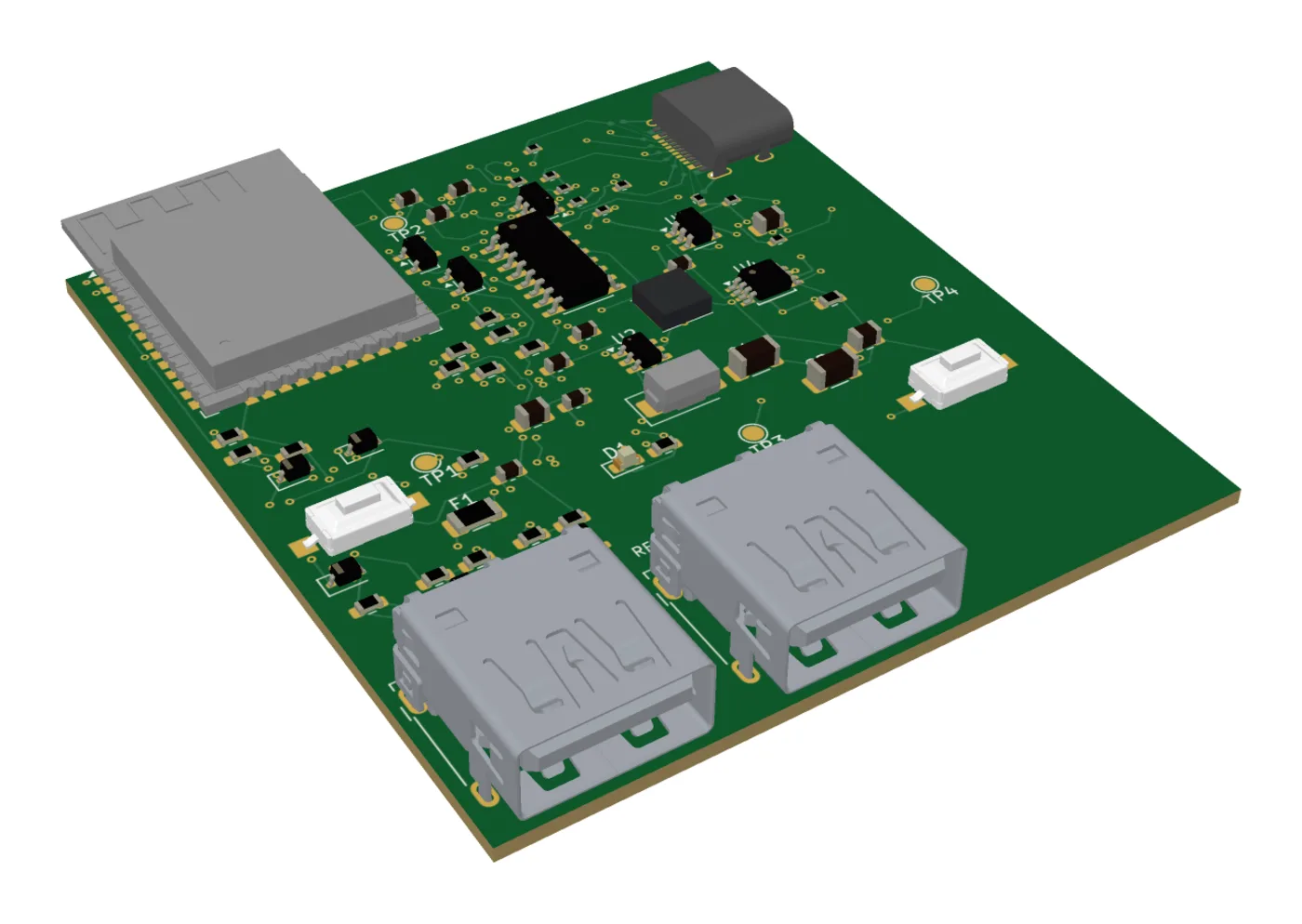 Render of the PlayBridge v2 board with ESP32 module and two harness connectors