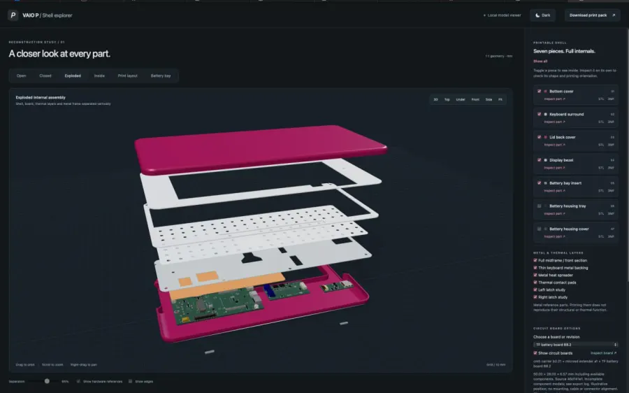 Exploded 3D view of the VAIO P shell and its new circuit boards