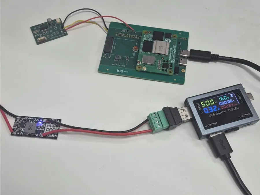 CM5 carrier powered from a USB meter with the LCD and USB boards attached