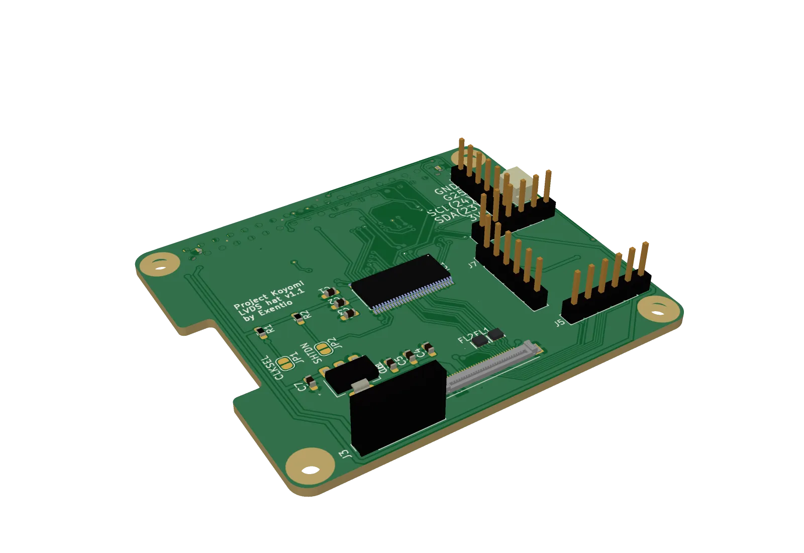 pcb23d angled view of the Koyomi LVDS hat
