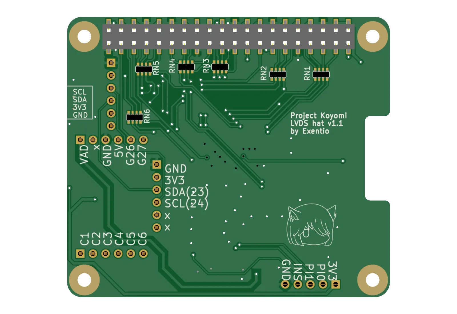 pcb23d bottom view of the Koyomi LVDS hat