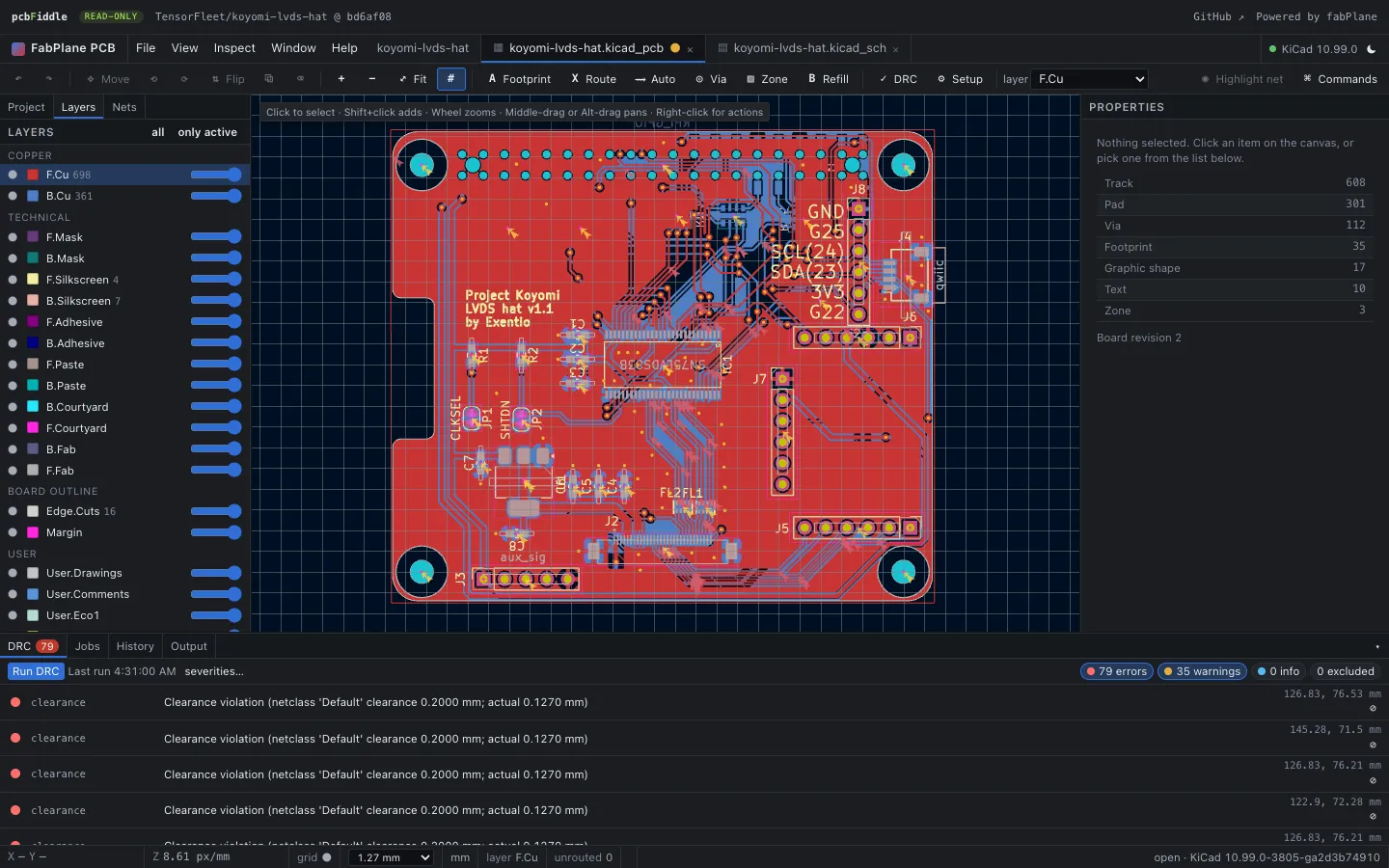 PCB Fiddle with the Layers panel open and a DRC report listing clearance violations