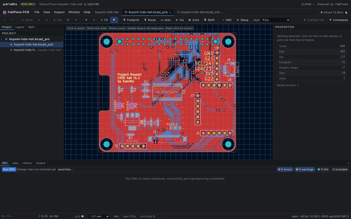 PCB Fiddle showing the Koyomi LVDS hat PCB: project tree on the left, the board canvas in the middle, and item counts in the properties panel